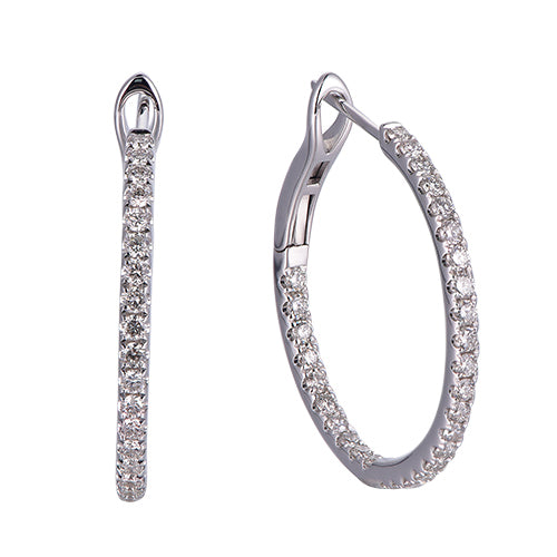A pair of white gold hoop earrings paved with clear round-cut stones, shown from two angles on a plain white background.