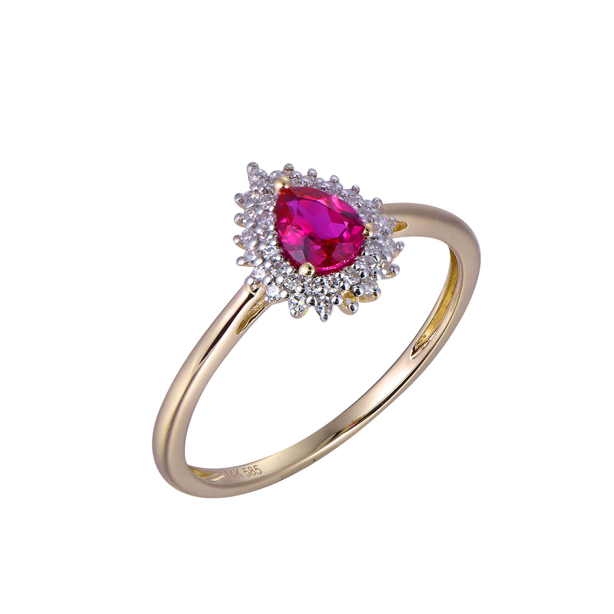 A yellow gold ring featuring a pear-cut pink gemstone surrounded by a halo of small clear stones, set on a polished gold band against a white background.