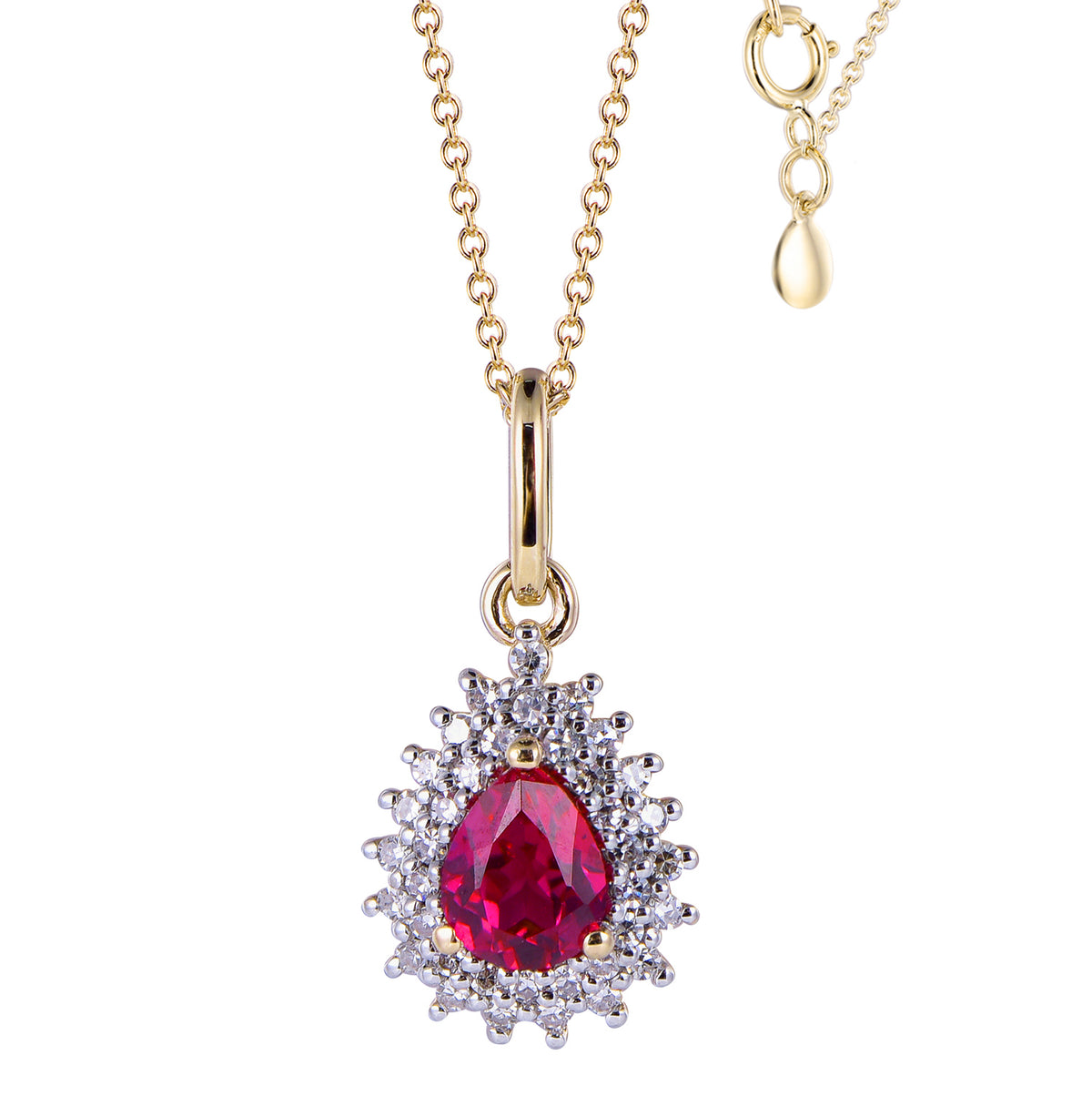 14K yellow gold pendant featuring a pear-shaped ruby surrounded by diamonds on a white background.