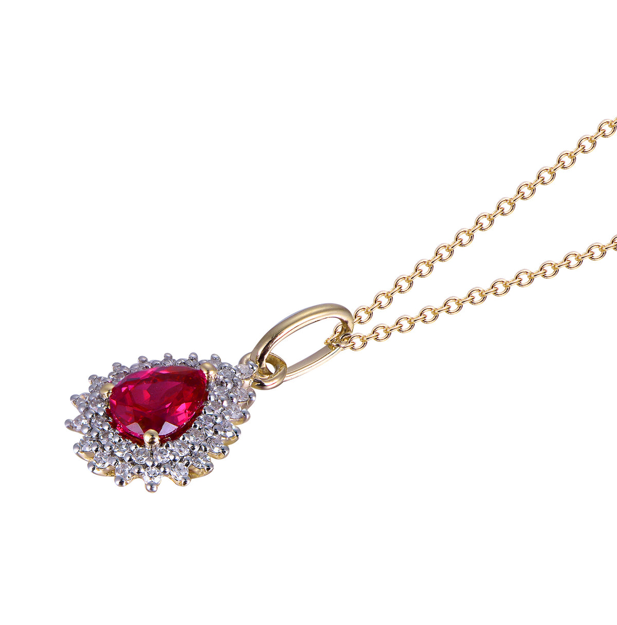 14K yellow gold pendant featuring a pear-shaped ruby surrounded by diamonds on a white background.