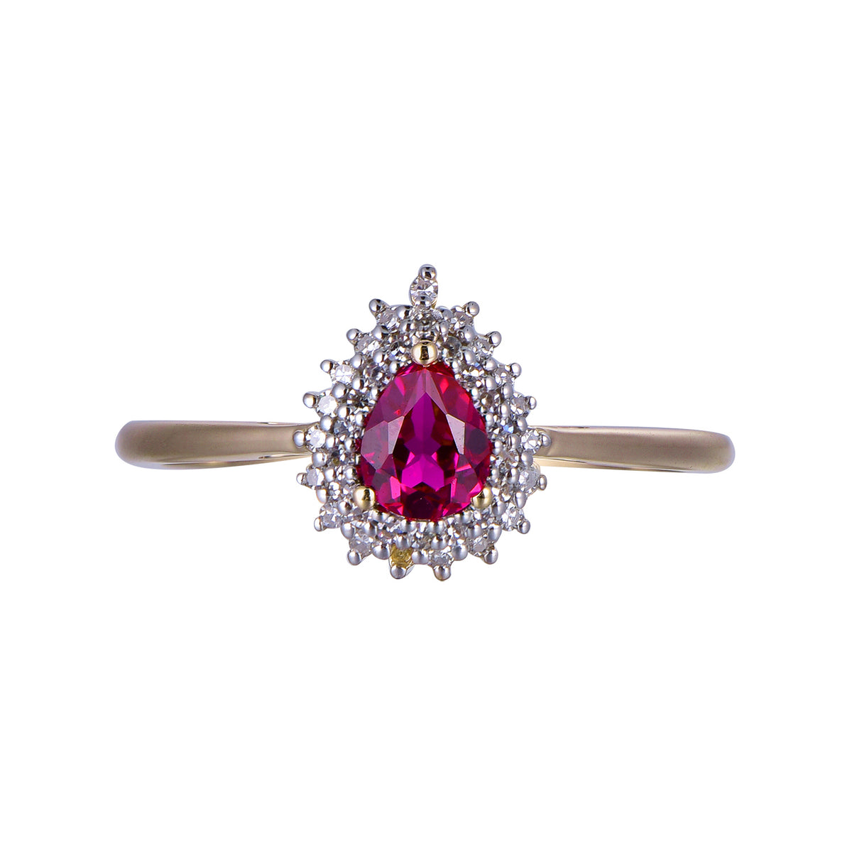 A yellow gold ring featuring a pear-cut pinkish-red ruby center stone surrounded by a halo of small clear cubic zirconia stones, set on a plain white background.