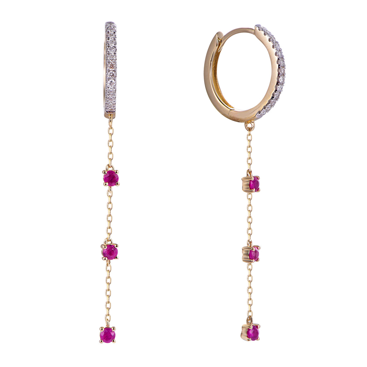 14K Yellow Gold Ruby and Diamond Drop Earrings