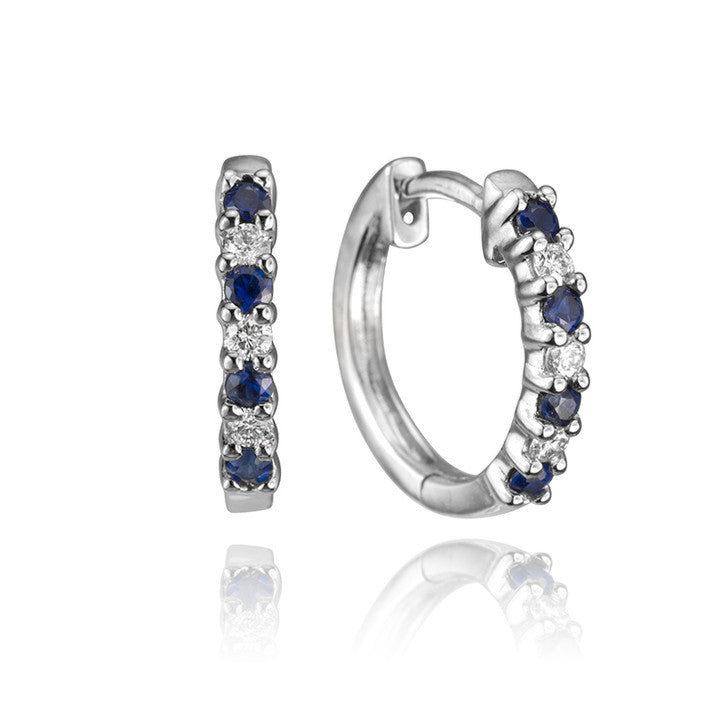 14K White Gold Sapphire and Diamond Hoop Earrings