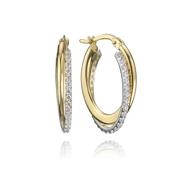 10K Yellow and White Gold Two Tone Cubic Zirconia Hoop Earrings