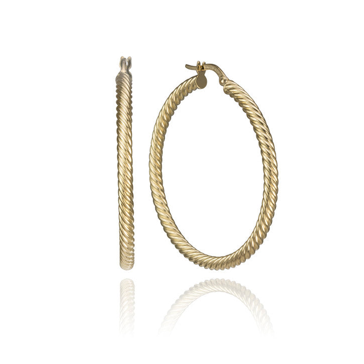 18K Yellow Gold Twist Grooved Hoop Earrings